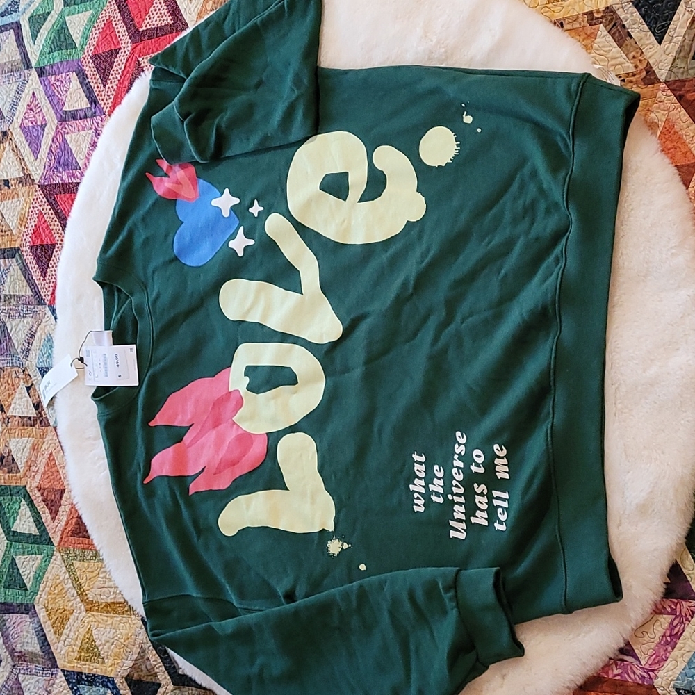 NWT Zara Contrast Full Graphic Allover Printed Love Crewneck Sweater Large